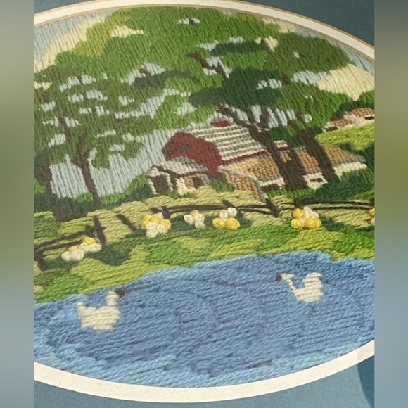 VTG Farm Scene Longstitch Embroidered Needlepoint Pond trees barn ducks framed - Picture 3 of 6